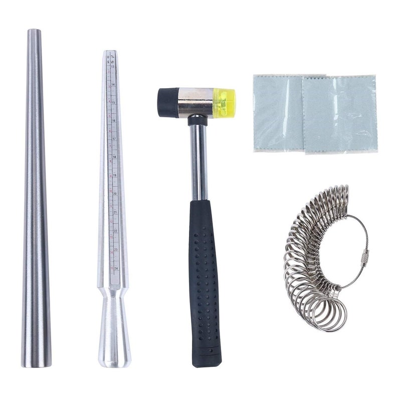 YaeKoo Jewelry Ring Mandrel Sizer Gauge Tools Set, Stainless Steel Ring Mandrel Rubber Hammer Measuring Stick Ring Size Gauge, 27 pcs Ring Sizer Gauge Circle Models and 2 pcs Cleaning Cloth (6 pcs) - Image 1
